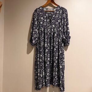 Coastal Country Cottage Boho Flowy Midi Rayon Dress Blue White Print Large